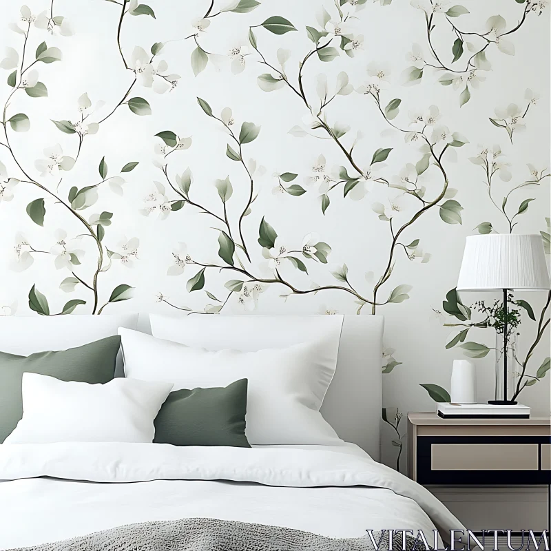 Tranquil Bedroom with Green and White Floral Design AI Image