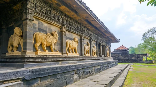 Weathered Temple Facade with Carved Lions