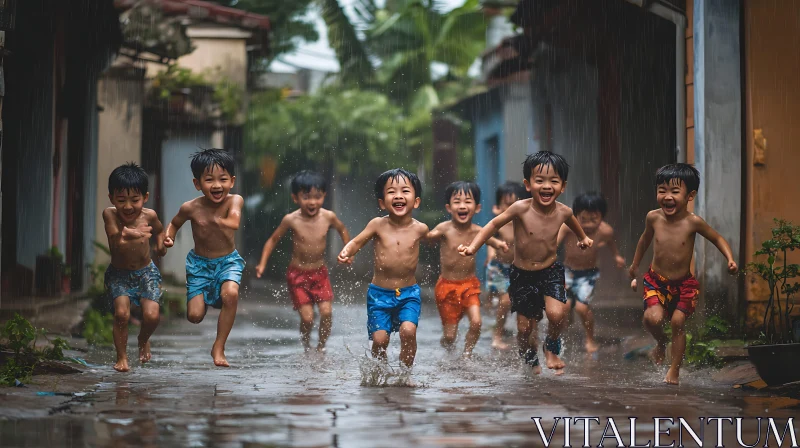 Kids Having Fun in Rainy Weather AI Image