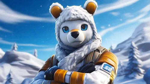 Bear Mascot in Winter Landscape