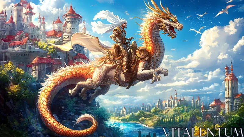 AI ART Golden Dragon Flight Above Kingdom