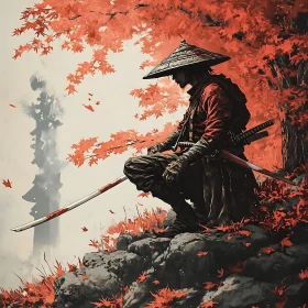 Japanese Warrior in Red Autumn Forest