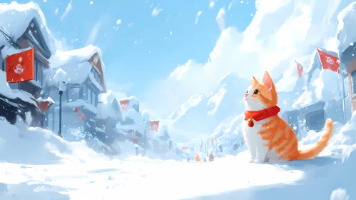 Winter Cat with Red Scarf