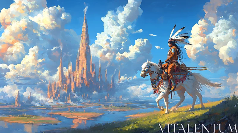 Ethereal Cityscape with Indigenous Horseman AI Image