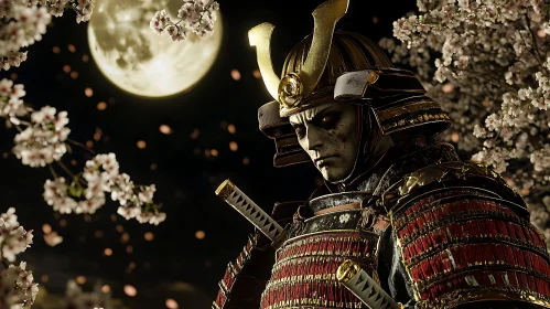 Moonlit Samurai with Cherry Blossoms