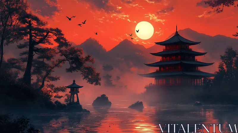 Tranquil Pagoda at Sunset AI Image