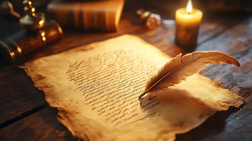 Antique Writing Scene with Quill and Candle