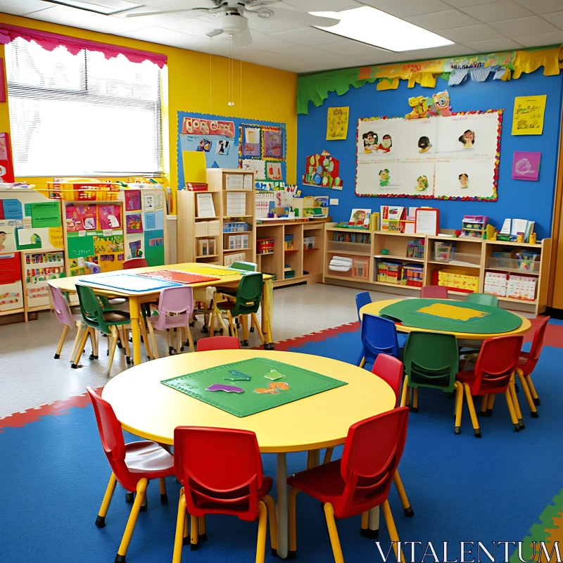 Vibrant Preschool Classroom with Tables and Chairs AI Image