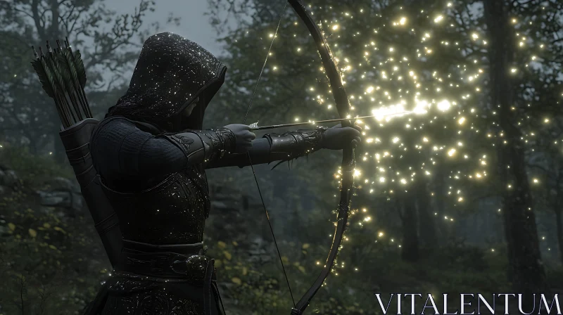 Hooded Archer Aiming Arrow in Forest AI Image