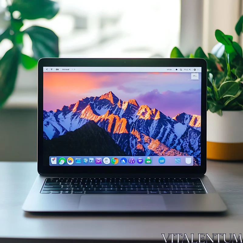 Sleek Laptop with Scenic Mountain Background AI Image