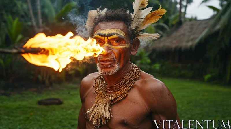 AI ART Tribal Man Exhaling Fire in Jungle