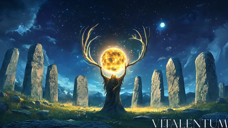 AI ART Ancient Stones and Magic Orb under Moonlight