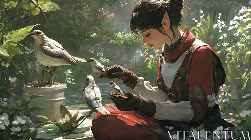 AI ART Fantasy Elf Feeding Birds Art