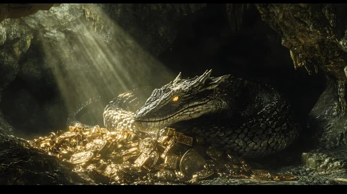 Golden Dragon guarding Treasure in Cave