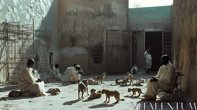 Traditional Attire Clad People with Dogs in Worn Background AI Image