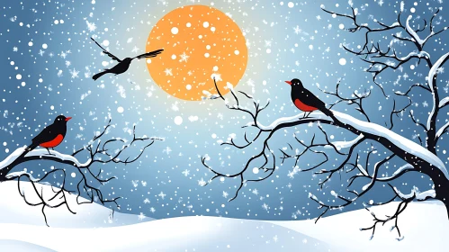 Birds in Winter Snow Landscape