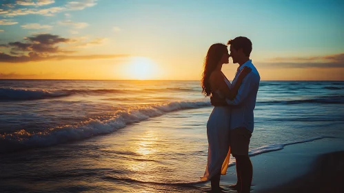 Silhouetted Couple at Sunset by the Sea