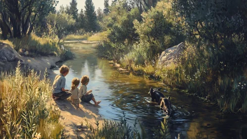 Tranquil River Scene with Kids and Pets