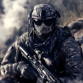 Armed Soldier in Smoky Environment