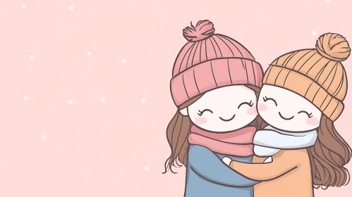 Cartoon Girls Winter Embrace