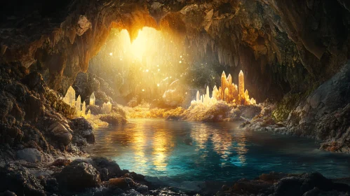 Sunlit Cave with Radiant Crystals Reflection