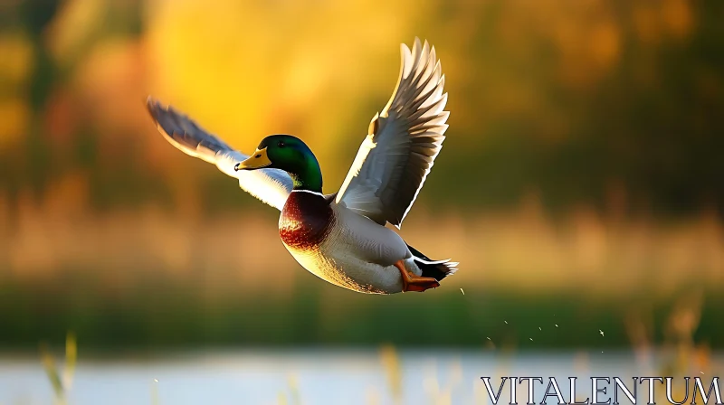 Duck Flying over the Lake AI Image