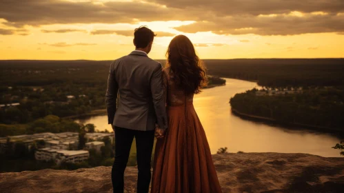 Enchanting Couple's Portrait at Sunset: A River View Drenched in Amber