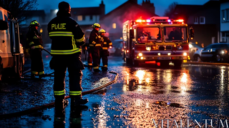 Nighttime Emergency Response by Firefighters AI Image