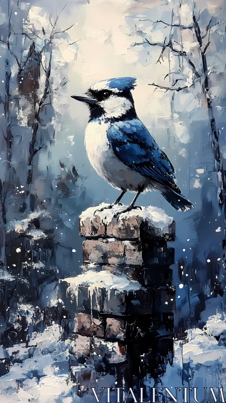 AI ART Blue Jay on Snowy Pillar