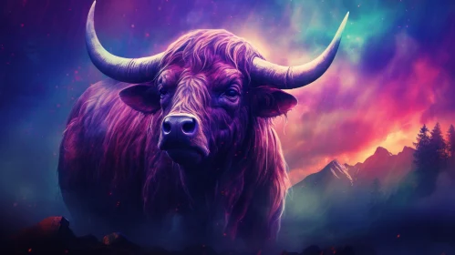 Fantasy Landscape with Purple Bull: A Neonpunk Illustration