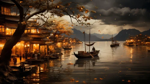 Golden-Hued Coastal Cityscape with Boats and Oriental Street
