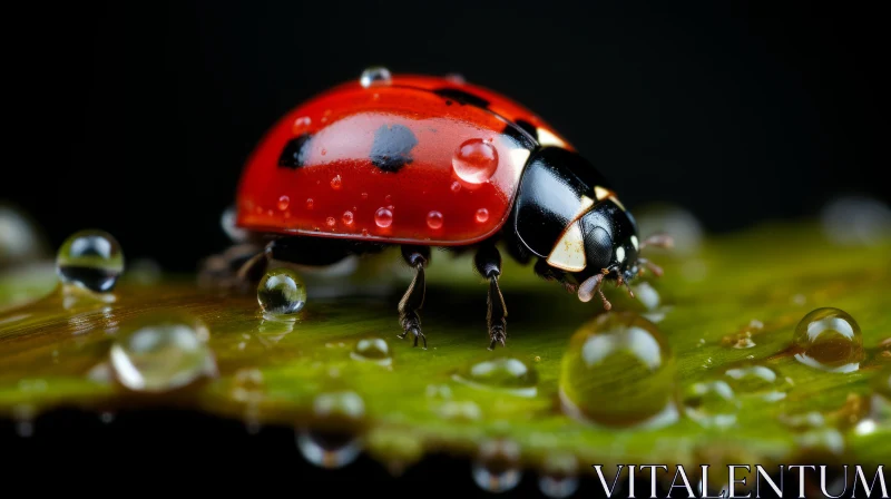Ladybug on a Green Leaf with Raindrops - A Wildlife Spectacle AI Image