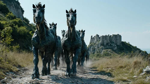 Majestic Horse-like Creatures Running in a Mountainous Landscape