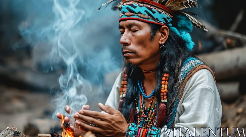 Native American Man in Forest with Fire - A Captivating Image AI Image