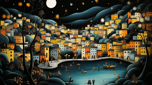 Night Lights in a Whimsical Seaside Town Painting