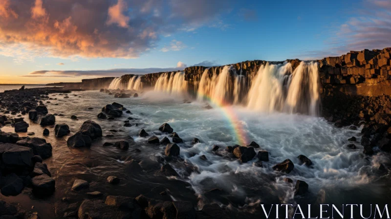 Rainbow over Lava Waterfall at Sunset in Iceland AI Image