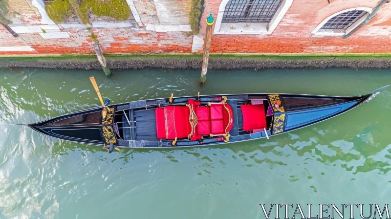 Red Gondola parked on the Gondola Street in Venice, Italy - Aerial Abstractions AI Image