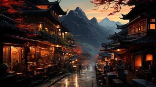 Traditional Chinese Village Amidst Mountainous Vistas - An Evening Depiction