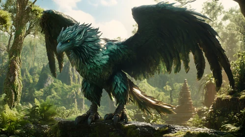 Griffin Perched in Verdant Woodland Scene