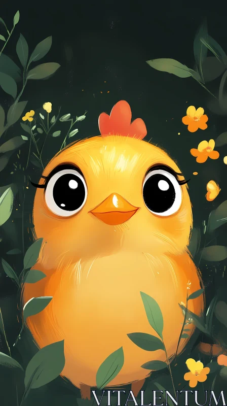 Cute Chick Among Flowers AI Image