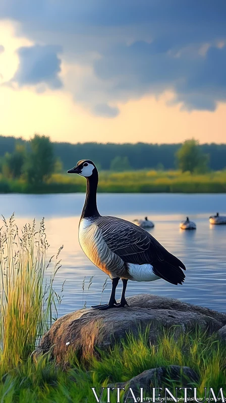 Goose and Ducks at Sunset AI Image