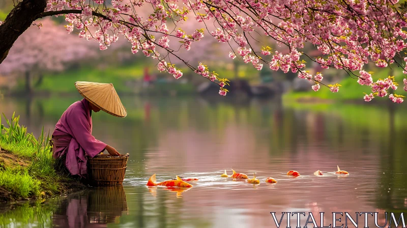 Serene Waters and Blooming Cherry Trees AI Image