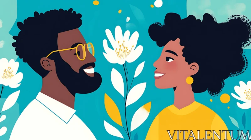 Stylized Lovers with Floral Accent AI Image