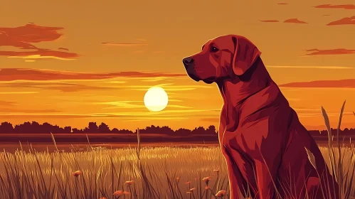 Dog at Sunset in Vast Field