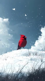 Crimson Cardinal on Snowy Hill