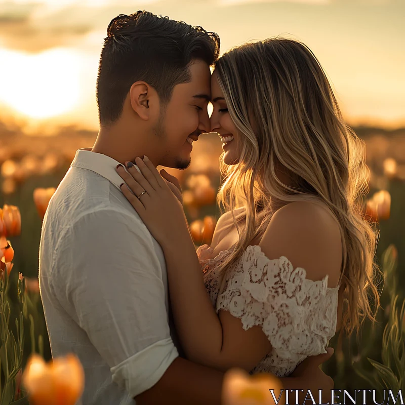 Golden Hour Embrace: Couple in Floral Field AI Image