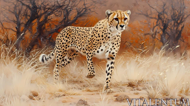 Cheetah Walking Through Dry Landscape AI Image