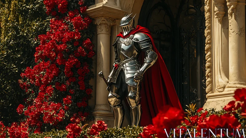 AI ART Medieval Knight Amongst Blooming Roses