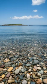 Serene Seascape with Pebbles and Distant Island