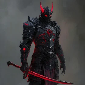 Warrior in Black Armor with Red Sword